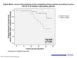 Kaplan-Meier curves of the incidence of the composite primary outcome according to serum FGF-23 in 55 diabetic nephropathy patients. Titan S M et al. CJASN 2011;6:241-247 ©2011 by American Society of Nephrology 