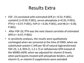 Results Extra FGF- 23 correlated with estimated GFR (r=−0.52; P.001), cystatinC (r=0.59; P.001), serum phosphate (r=0.35; P.001), PTH (r = 0.37; P.001), FePi (r = 0.26; P.001), and Hb (r=−0.36; P.001). After FGF-23, PTH was the next closest correlate of estimated GFR (r=−0.47; P.001). In sensitivity analyses, the results were qualitatively unchanged when we censored at the time of ESRD; when we substituted cystatin C (HR per SD of natural logtransformed FGF-23, 1.4; 95% CI, 1.2-1.7) or iothalamate GFR instead of the MDRD eGFR; when we adjusted for vitamin D levels; when participants treated with phosphate binders, active vitamin D, or vitamin D supplements were excluded 