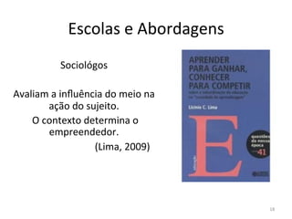 Escolas	
  e	
  Abordagens	
  	
  
	
  
Sociológos	
  
	
  
Avaliam	
  a	
  inﬂuência	
  do	
  meio	
  na	
  
ação	
  do	
  sujeito.	
  
	
  O	
  contexto	
  determina	
  o	
  
empreendedor.	
  	
  
	
  	
  	
  	
  	
  	
  	
  	
  	
  	
  	
  	
  	
  	
  	
  	
  	
  	
  	
  	
  	
  	
  	
  	
  	
  	
  	
  	
  	
  	
  	
  (Lima,	
  2009)	
  
18	
  
 