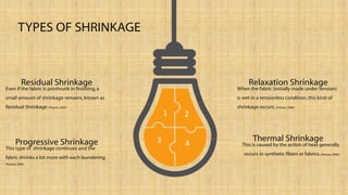 When the fabric (initially made under tension)
is wet in a tensionless condition,this kind of
shrinkage occurs. (Pizzuto, 2005)
Relaxation Shrinkage
This is caused by the action of heat generally
occurs in synthetic fibers or fabrics.(Pizzuto, 2005)
Thermal Shrinkage
Even if the fabric is preshrunk in finishing,a
small amount of shrinkage remains,known as
Residual Shrinkage. (Pizzuto, 2005)
Residual Shrinkage
This type of shrinkage continues and the
fabric shrinks a bit more with each laundering.
(Pizzuto, 2005)
Progressive Shrinkage
TYPES OF SHRINKAGE
1 2
3 4
 