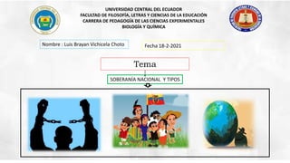 UNIVERSIDAD CENTRAL DEL ECUADOR
FACULTAD DE FILOSOFÍA, LETRAS Y CIENCIAS DE LA EDUCACIÓN
CARRERA DE PEDAGOGÍA DE LAS CIENCIAS EXPERIMENTALES
BIOLOGÍA Y QUÍMICA
Nombre : Luis Brayan Vichicela Choto Fecha 18-2-2021
Tema
SOBERANÍA NACIONAL Y TIPOS
 