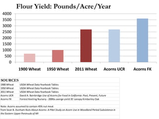 SOURCES
1900 Wheat USDA Wheat Data Yearbook Tables
1950 Wheat USDA Wheat Data Yearbook Tables
2011 Wheat USDA Wheat Data Yearbook Tables
Acorns UCR David A. Bainbridge Use of Acorns for Food in California: Past, Present, Future
Acorns FK Forrest Keeling Nursery - 200lbs averge yield 35' canopy Kimberley Oak
Note: Acorns assumed to contain 45% nut meat
from Sean B. Dunham Nuts About Acorns: A Pilot Study on Acorn Use in Woodland Period Subsistence in
the Eastern Upper Peninsula of MI
0
500
1000
1500
2000
2500
3000
3500
4000
1900 Wheat 1950 Wheat 2011 Wheat Acorns UCR Acorns FK
Flour Yield: Pounds/Acre/Year
 