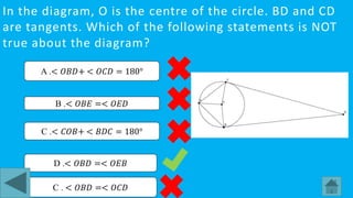 In the diagram, O is the centre of the circle. BD and CD
are tangents. Which of the following statements is NOT
true about the diagram?
D .< 𝑂𝐵𝐷 =< 𝑂𝐸𝐵
A .< 𝑂𝐵𝐷+ < 𝑂𝐶𝐷 = 180°
C .< 𝐶𝑂𝐵+ < 𝐵𝐷𝐶 = 180°
B .< 𝑂𝐵𝐸 =< 𝑂𝐸𝐷
C . < 𝑂𝐵𝐷 =< 𝑂𝐶𝐷
 