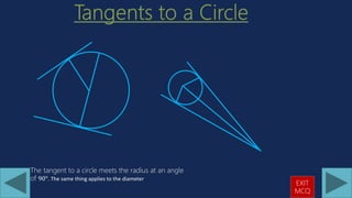 The tangent to a circle meets the radius at an angle
of 90°. The same thing applies to the diameter
EXIT
MCQ
 