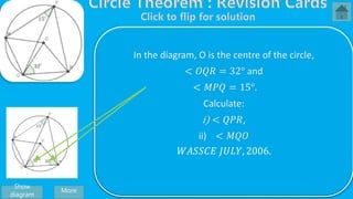 < 𝑄𝑃𝑅 =
1
2
< 𝑅𝑂𝑄
< 𝑂𝑅𝑄 = 32°
(𝑏𝑎𝑠𝑒 𝑎𝑛𝑔𝑙𝑒𝑠 𝑜𝑓 𝑎𝑛 𝑖𝑠𝑜𝑠𝑐𝑒𝑙𝑒𝑠 𝑡𝑟𝑖𝑎𝑛𝑔𝑙𝑒 𝑂𝑄𝑅 𝑎𝑟𝑒 𝑒𝑞𝑢𝑎𝑙)
< 𝑅𝑂𝑄+ < 𝑂𝑅𝑄 +< 𝑂𝑄𝑅 = 180°
(𝑠𝑢𝑚 𝑜𝑓 𝑖𝑛𝑡𝑒𝑟𝑖𝑜𝑟 𝑎𝑛𝑔𝑙𝑒𝑠 𝑜𝑓 𝑡𝑟𝑖𝑎𝑛𝑔𝑙𝑒 𝑂𝑄𝑅)
< 𝑅𝑂𝑄 + 32° + 32° = 180°
< 𝑅𝑂𝑄 + 64° = 180°
< 𝑅𝑂𝑄 = 180° − 64°
< 𝑅𝑂𝑄 = 116°
∴ < 𝑄𝑃𝑅 =
1
2
116°
∴< 𝑄𝑃𝑅 = 58°
In the diagram, O is the centre of the circle,
< 𝑂𝑄𝑅 = 32° and
< 𝑀𝑃𝑄 = 15°.
Calculate:
i) < 𝑄𝑃𝑅,
ii) < 𝑀𝑄𝑂
𝑊𝐴𝑆𝑆𝐶𝐸 𝐽𝑈𝐿𝑌, 2006.
Show
diagram
More
 