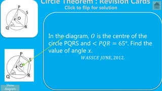 From 𝑡𝑟𝑖𝑎𝑛𝑔𝑙𝑒 𝑂𝑀𝑄, < 𝑂𝑀𝑄 +< 𝑀𝑄𝑅 +< 𝑄𝑂𝑀 = 180°
But
< 𝑄𝑂𝑀 = 2 < 𝑄𝑃𝑀, 𝑎𝑛𝑔𝑙𝑒 𝑎𝑡 𝑡ℎ𝑒 𝑐𝑒𝑛𝑡𝑟𝑒 𝑖𝑠 𝑡𝑤𝑖𝑐𝑒 𝑡ℎ𝑒 𝑜𝑛𝑒 𝑜𝑛 𝑡ℎ𝑒
𝑐𝑖𝑟𝑐𝑢𝑚𝑓𝑒𝑟𝑒𝑛𝑐𝑒
⇒ < 𝑄𝑂𝑀 = 2 15°
< 𝑄𝑂𝑀 = 30°
⇒< 𝑂𝑀𝑄 +< 𝑀𝑄𝑂 + 30° = 180°
Also, < 𝑂𝑀𝑄 =< 𝑀𝑄𝑂, 𝑏𝑎𝑠𝑒 𝑎𝑛𝑔𝑙𝑒𝑠 𝑜𝑓 𝑖𝑠𝑜𝑠𝑐𝑒𝑙𝑒𝑠 𝑡𝑟𝑖𝑎𝑛𝑔𝑙𝑒 𝑂𝑀𝑄
⇒< 𝑂𝑀𝑄 +< 𝑂𝑀𝑄 + 30° = 180°
2 < 𝑂𝑀𝑄 + 30° = 180°
2 < 𝑂𝑀𝑄 = 180° − 30°
2 < 𝑂𝑀𝑄 = 150°
< 𝑂𝑀𝑄 =
150°
2
∴ < 𝑂𝑀𝑄 = 75°
In the diagram, 𝑂 is the centre of the
circle PQRS and < 𝑃𝑄𝑅 = 65°. Find the
value of angle 𝑥.
𝑊𝐴𝑆𝑆𝐶𝐸 𝐽𝑈NE, 2012.
Show
diagram
 