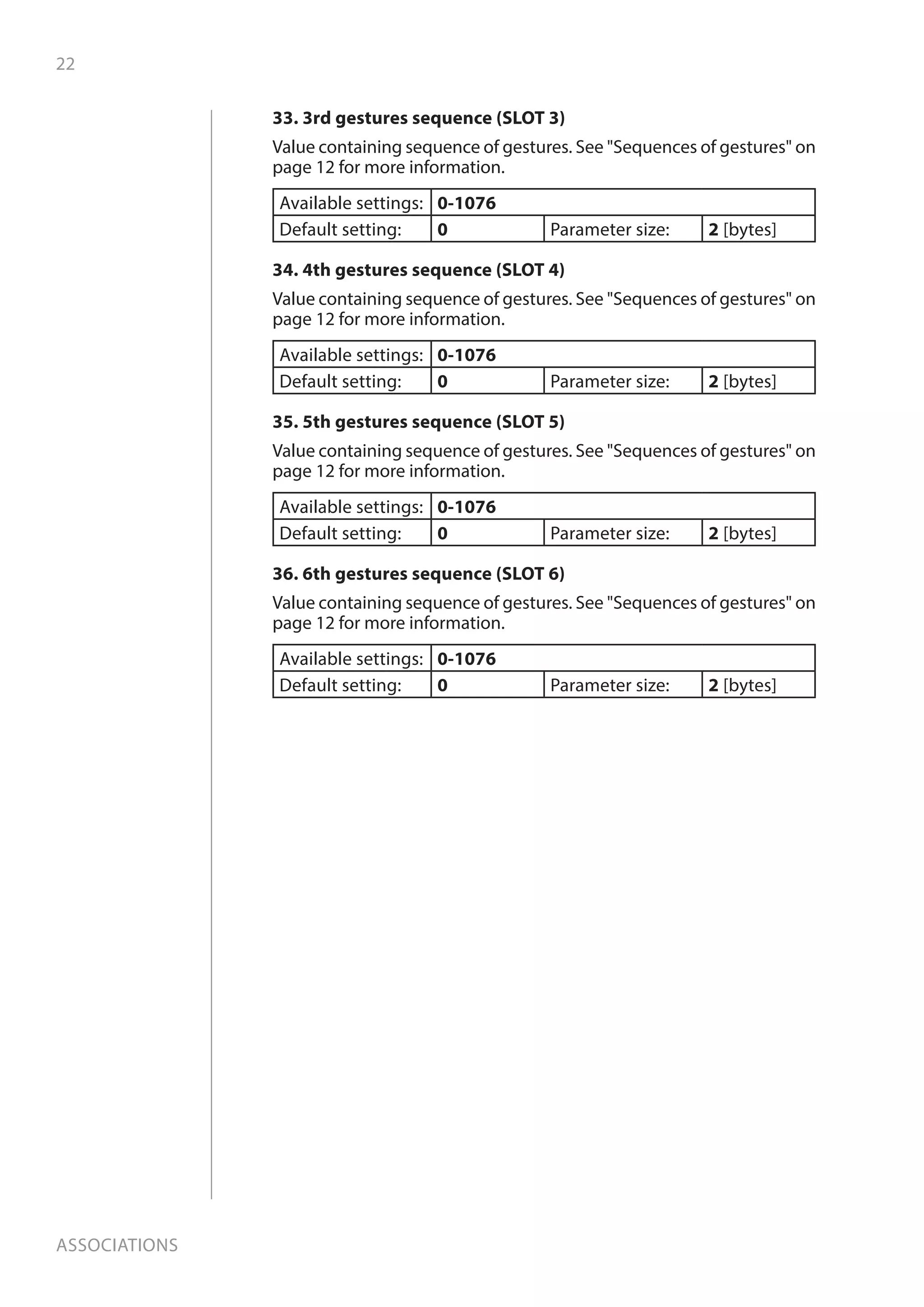 22
Associations
33. 3rd gestures sequence (SLOT 3)
Value containing sequence of gestures. See Sequences of gestures on
page 12 for more information.
Available settings: 0-1076
Default setting: 0 Parameter size: 2 [bytes]
34. 4th gestures sequence (SLOT 4)
Value containing sequence of gestures. See Sequences of gestures on
page 12 for more information.
Available settings: 0-1076
Default setting: 0 Parameter size: 2 [bytes]
35. 5th gestures sequence (SLOT 5)
Value containing sequence of gestures. See Sequences of gestures on
page 12 for more information.
Available settings: 0-1076
Default setting: 0 Parameter size: 2 [bytes]
36. 6th gestures sequence (SLOT 6)
Value containing sequence of gestures. See Sequences of gestures on
page 12 for more information.
Available settings: 0-1076
Default setting: 0 Parameter size: 2 [bytes]
 