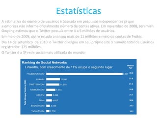 Estatísticas 
A estimativa do número de usuários é baseada em pesquisas independentes já que 
a empresa não informa oficialmente número de contas ativas. Em novembro de 2008, Jeremiah 
Owyang estimou que o Twitter possuía entre 4 a 5 milhões de usuários. 
Em maio de 2009, outro estudo analisou mais de 11 milhões e meio de contas de Twiter. 
Dia 14 de setembro de 2010 o Twitter divulgou em seu próprio site o número total de usuários 
registrados: 175 milhões. 
O Twitter é a 3ª rede social mais utilizada do mundo: 
 