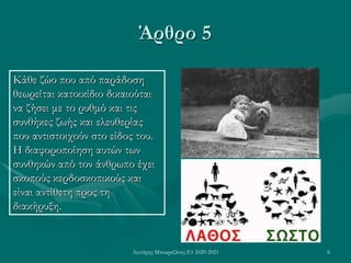 Λευτέρης Μπουραζάνης Ε1 2020-2021 6
Άρθρο 5
Κάθε ζώο που από παράδοση
θεωρείται κατοικίδιο δικαιούται
να ζήσει με το ρυθμό και τις
συνθήκες ζωής και ελευθερίας
που αντιστοιχούν στο είδος του.
Η διαφοροποίηση αυτών των
συνθηκών από τον άνθρωπο έχει
σκοπούς κερδοσκοπικούς και
είναι αντίθετη προς τη
διακήρυξη.
 