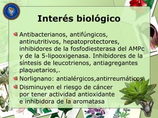 Interés biológico
Antibacterianos, antifúngicos,
antinutritivos, hepatoprotectores,
inhibidores de la fosfodiesterasa del AMPc
y de la 5-lipooxigenasa. Inhibidores de la
síntesis de leucotrienos, antiagregantes
plaquetarios,.
Norlignano: antialérgicos,antirreumáticos
Disminuyen el riesgo de cáncer
por tener actividad antioxidante
e inhibidora de la aromatasa
 