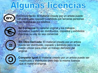 Reconocimiento: El material creado por un artista puede ser distribuido, copiado y exhibido por terceras personas  si se muestra en los créditos. No Comercial  El material original y los trabajos derivados pueden ser distribuidos, copiados y exhibidos mientras su uso no sea comercial Sin Obra Derivada:  El material creado por un artista puede ser distribuido, copiado y exhibido pero no se puede utilizar para crear un trabajo derivado del original. Compartir Igual: El material creado por un artista puede ser modificado y distribuido pero bajo la misma licencia que el material original . Algunas licencias 