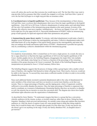 A human rights-based approach to programming 17
worse off, unless she can be sure that everyone else would stop as well. The fact that Other may want to
stop provides Self no assurance that Other actually has stopped, or will stop. And from Other’s point of
view, the fact that Self hopes to or might stop provides no assurance either.
h. Coordinated move to hopeful equilibrium: Thus, because of the interdependency of their choices,
Self and Other must coordinate their abandonment, their move from the tragic equilibrium to the hopeful
equilibrium – from All Cut to All Uncut. Collective abandonment of cutting makes each individual better
off, but only if all members of the intramarrying group abandon at the same moment. In terms of the
diagram, the collective must move together, simultaneously – the boxes are flipped, if you will – from the
lower-right box D to the upper-left box A. Successful abandonment of FGM/C within an intramarrying
group would typically be rapid and organized rather than spontaneous and gradual.
i. Summarizing the game theory matrix: To reiterate, individual abandonment would make a family’s
daughter worse off because it denies her marriageability and status. Collective abandonment makes each
individual better off, as the daughter of the typical family preserves her marriageability and status but
does not undergo the health and human rights harms of FGM/C. Abandonment is possible but typically
only by coordinating a collective abandonment within the intramarrying group.
Dynamic version
For simplicity of presentation, Other is treated here as if it were a single person. As a result, the story so
far is vague about how to flip from the tragic equilibrium of All Cut to the hopeful equilibrium of All
Uncut. Another graphic device, the Schelling Diagram, disaggregates the single Other into multiple
Others: How individuals value being Cut or Uncut as a function of the percentage of the remaining
members of the group choosing to be Uncut is examined. The details of the Schelling Diagram and its
interpretation are presented in Annex I. A brief summary follows here.
The Schelling Diagram suggests that the process of change within a group begins with a smaller critical
mass of families, who together find themselves better off going Uncut. Their resolve, however, would not
be stable in the long run. To succeed they must attain a sufficient number of others in order to irreversibly
abandon the practice.
Since each additional family recruited to potential abandonment adds to the value of abandonment for
each, members of the critical mass each have an incentive to recruit more families, as do their new
recruits. There is a larger percentage of families, past the tipping point, which, if organized, would be
sufficient to irreversibly abandon the practice. Once the larger percentage of families is organized, they
need to coordinate on a moment of abandonment. Remaining families then have an incentive to abandon
as well; the minority has no incentive to resist the convention shift. The diagram also shows how health
and human rights education ease the organization of abandonment.
As described by Gerry Mackie: “To understand, imagine that there is a group that has a convention
whereby audiences (at the cinema, at plays, at recitals) stand up, rather than sit down. Sitting has been
forgotten. Standing is both universal and persistent. An outsider comes along and explains that elsewhere
audiences sit. After the shock of surprise wears off, some people begin to think that sitting might be
better, but it would be better only if enough other people sit at the same time. If only one person sits,
she doesn’t get to see anything on the stage. If only one family abandons FGC, its daughter doesn’t
get married.”2
 