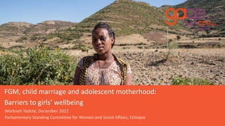 FGM, child marriage and adolescent motherhood:
Barriers to girls’ wellbeing
Workneh Yadete, December 2022
Parliamentary Standing Committee for Women and Social Affairs, Ethiopia
 