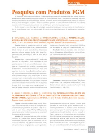 matéria FGM
                                                                                        Trabalhos e Pesquisas




Pesquisa com Produtos FGM
    As pesquisas publicadas com materiais FGM engrandecem ainda mais nossa gratidão aos nossos parceiros.
Através destas pesquisas e do retorno que obtemos de cada profissional sobre o uso de nossos materiais, direciona-
mos o aprimoramento de nossa tecnologia. Portanto, queremos reforçar nosso agradecimento a todos os pesquisa-
dores e universidades pelos projetos e materiais científicos gerados, os quais certamente contribuem não somente
para desenvolver novos protocolos clínicos, mas também para aprimorar nossos produtos.
    Dentro desta premissa, é com grande satisfação que publicamos a seguir resumos recentes de trabalhos oriun-
dos de fontes diversas: mais uma oportunidade de compartilharmos conhecimento de qualidade com nossos par-
ceiros!



1 – LOGUERCIO, A.D.; MARTINS, G.; ZANDER-GRANDE, C.; REIS, A. AVALIAÇÃO LABO-
RATORIAL DE UM NOVO ADESIVO CONVENCIONAL SIMPLIFICADO. Apresentado no 88º
IADR, 14 a 17 de Julho de 2010, Barcelona, Espanha. Resumo (anais eletrônicos).
    Objetivo: Avaliar a resistência máxima à tração        de Varredura. Os dados foram submetidos à ANOVA de
(RMT), de união a microtração (RU) e nanoinfiltração       um fator e teste de Tukey para cada adesivo (α=0,05).
(NI) da interface de união resina-dentina, utilizando os        Resultados: todos os resultados estão demonstra-
seguintes sistemas adesivos: Ambar [AM], Adper Sin-        dos na Tabela abaixo (letras diferentes indicam diferen-
gle Bond 2 [SB], XP Bond [XP], Tetric N- Bond [TN] e       ças significantes em cada coluna).
Stae [ST].
                                                           Adesivo/fabricante RMT (n=10)       RU (n=6)      NI (n=6)
    Métodos: para a mensuração da RMT, espécimes
                                                           Ambar (FGM)          9,9 (1,1) a   51,6 (6,4) A 12,7 (3,5)a
em forma de “ampulheta”, foram preparados de cada
                                                           Adper Single         4,7 (0,7) c   55,0 (6,9) A 16,4 (4,2)a
sistema adesivo (n=5) para serem testados em veloci-
                                                           Bond 2 (3M ESPE)          .              .           .
dade de 0,5 mm/min. Para RU e NI, o esmalte oclusal
                                                           XP Bond              7,5 (1,7) b   57,4 (6,7) A 15,4 (4,7)a
de 30 molares humanos foi removido para expor uma          (Dentsply Caulk)          .              .           .
superfície dentinária plana. Os adesivos foram aplica-     Tetric N-Bond        9,3 (1,9) a   54,2 (8,3) A 25,1 (5,1)b
                                                           (Ivoclar Vivadent)        .              .           .
dos conforme instrução do fabricante. Após a polimeri-
                                                           Stae (SDI)           2,6 (0,9) d 37,2 (6,2) B 38,4 (6,3)c
zação (600mW/cm2 por 10 s), restaurações de resina
composta foram confeccionadas incrementalmente e os
espécimes seccionados em forma de palitos (0,8mm2)              Conclusão: o desempenho de Ambar (FGM), Adper
para serem testados imediatamente. Para NI, 3 palitos      Single Bond 2 (3M ESPE) e XP Bond (Dentsply Caulk)
de cada dente foram separados, impregnados por ni-         foi considerado superior aos adesivos Tetric N- Bond
trato de prata e analisados em Microscopia Eletrônica      (Ivoclar Vivadent) e Stae (SDI).



2 – KOSE, C.; PEREIRA, S.; REIS, A.; LOGUERCIO, A.D. AVALIAÇÃO CLÍNICA DE UM GEL
DE NITRATO DE POTÁSSIO E FLÚOR NA DIMINUIÇÃO DA SENSIBILIDADE NO CLAREA-
MENTO CASEIRO. Apresentado no 88º IADR, 14 a 17 de Julho de 2010, Barcelona, Espanha.
Resumo (anais eletrônicos).
    Objetivo: avaliou-se através deste estudo duplo-       sensibilizante foi aplicado na moldeira e usado pelos
cego clínico randomizado o efeito de um agente des-        pacientes de cada um dos grupos durante 10 min. O
sensibilizante (5% de nitrato de potássio e 2% de flu-     mesmo procedimento foi repetido durante 4 semanas
oreto de sódio [Desensibilize KF 2%, FGM]) antes do        para os dois grupos. Os pacientes registraram sua per-
clareamento dental na técnica caseira na prevenção/        cepção de sensibilidade dentária em uma escala 0-4.
diminuição da sensibilidade.                               Para a análise da cor foi realizada uma análise de vari-
    Métodos: 60 pacientes livres de lesões de cárie,       ância de medidas repetidas de dois fatores (tempo de
com mais de 18 anos foram divididos em grupos des-         tratamento) e teste de Tukey (α=0,05). Os diferentes
sensibilizante e placebo. Antes do clareamento com pe-     graus de sensibilidade dentária foram comparados pelo
róxido de carbamida 16% (Whiteness Standard, FGM),         teste t de Student (α = 0,05). A porcentagem de pacien-
em regime noturno, um gel placebo ou com agente des-       tes com sensibilidade dentária foi analisada através do


                                                                                  Revista FGMNews - volume 13 - Janeiro 2011   119
 