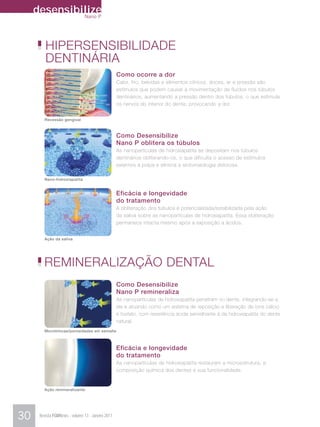 desensibilize
              Nano P




         HIPERSENSIBILIDADE
         DENTINÁRIA
                                                   Como ocorre a dor
                                                   Calor, frio, bebidas e alimentos cítricos, doces, ar e pressão são
                                                   estímulos que podem causar a movimentação de fluidos nos túbulos
                                                   dentinários, aumentando a pressão dentro dos túbulos, o que estimula
                                                   os nervos do interior do dente, provocando a dor.


        Recessão gengival



                                                   Como Desensibilize
                                                   Nano P oblitera os túbulos
                                                   As nanopartículas de hidroxiapatita se depositam nos túbulos
                                                   dentinários obliterando-os, o que dificulta o acesso de estímulos
                                                   externos à polpa e elimina a sintomatologia dolorosa.

        Nano-hidroxiapatita


                                                   Eficácia e longevidade
                                                   do tratamento
                                                   A obliteração dos túbulos é potencializada/estabilizada pela ação
                                                   da saliva sobre as nanopartículas de hidroxiapatita. Essa obliteração
                                                   permanece intacta mesmo após a exposição a ácidos.


        Ação da saliva




        REMINERALIZAÇÃO DENTAL
                                                   Como Desensibilize
                                                   Nano P remineraliza
                                                   As nanopartículas de hidroxiapatita penetram no dente, integrando-se a
                                                   ele e atuando como um sistema de reposição e liberação de íons cálcio
                                                   e fosfato, com resistência ácida semelhante à da hidroxiapatita do dente
                                                   natural.
        Microtrincas/porosidades em esmalte



                                                   Eficácia e longevidade
                                                   do tratamento
                                                   As nanopartículas de hidroxiapatita restauram a microestrutura, a
                                                   composição química dos dentes e sua funcionalidade.


        Ação remineralizante




30    Revista FGMNews - volume 13 - Janeiro 2011
 