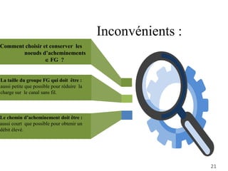 Comment choisir et conserver les
noeuds d’acheminements
 FG ?
La taille du groupe FG qui doit être :
aussi petite que possible pour réduire la
charge sur le canal sans fil.
Le chemin d’acheminement doit être :
aussi court que possible pour obtenir un
débit élevé.
Inconvénients :
21
 