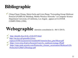  Ching-Chuan Chiang, Mario Gerla and Lixia Zhang “Forwarding Group Multicast
Protocol (FGMP) for Multihop, Mobile Wireless Networks” in Computer Science
Department University of California, Los Angele , appear at CLUSTER
COMPUTING (1998).
Bibliographie
 http://abcdrfc.free.fr/rfc-vf/rfc1075.html
 http://iut-tice.ujf-grenoble.fr/tice-
espaces/GTR/reseauxm1m2/moduleM3/monsite/docs_ptut/Mcast.pdf
 https://www.irisa.fr/prive/bcousin/Cours/Le_multicast.routage.2P.pdf
 https://repo.zenk-security.com/Protocoles_reseaux_securisation/Multicast%20-
Protocoles%20de%20routage.pdf
Webographie (dernière consultation le : 06/11/2015).
32
 