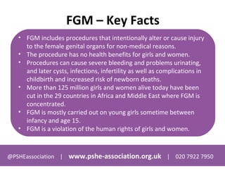 @PSHEassociation | www.pshe-association.org.uk | 020 7922 7950
FGM – Key Facts
• FGM includes procedures that intentionally alter or cause injury
to the female genital organs for non-medical reasons.
• The procedure has no health benefits for girls and women.
• Procedures can cause severe bleeding and problems urinating,
and later cysts, infections, infertility as well as complications in
childbirth and increased risk of newborn deaths.
• More than 125 million girls and women alive today have been
cut in the 29 countries in Africa and Middle East where FGM is
concentrated.
• FGM is mostly carried out on young girls sometime between
infancy and age 15.
• FGM is a violation of the human rights of girls and women.
 