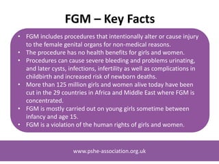 www.pshe-association.org.uk
FGM – Key Facts
• FGM includes procedures that intentionally alter or cause injury
to the female genital organs for non-medical reasons.
• The procedure has no health benefits for girls and women.
• Procedures can cause severe bleeding and problems urinating,
and later cysts, infections, infertility as well as complications in
childbirth and increased risk of newborn deaths.
• More than 125 million girls and women alive today have been
cut in the 29 countries in Africa and Middle East where FGM is
concentrated.
• FGM is mostly carried out on young girls sometime between
infancy and age 15.
• FGM is a violation of the human rights of girls and women.
www.pshe-association.org.uk
 