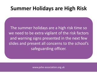 www.pshe-association.org.uk
What should we do?
FGM is child abuse and if you
suspect a child is at risk, you
should always follow the
school’s safeguarding procedures
immediately.
www.pshe-association.org.uk
 