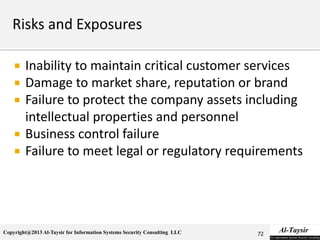 Copyright@2013 Al-Taysir for Information Systems Security Consulting LLC
 Inability to maintain critical customer services
 Damage to market share, reputation or brand
 Failure to protect the company assets including
intellectual properties and personnel
 Business control failure
 Failure to meet legal or regulatory requirements
72
 