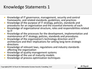 Copyright@2013 Al-Taysir for Information Systems Security Consulting LLC
 Knowledge of IT governance, management, security and control
frameworks, and related standards, guidelines, and practices
 Knowledge of the purpose of IT strategy, policies, standards and
procedures for an organization and the essential elements of each
 Knowledge of organizational structure, roles and responsibilities related
to IT
 Knowledge of the processes for the development, implementation and
maintenance of IT strategy, policies, standards and procedures
 Knowledge of the organization’s technology direction and IT
architecture and their implications for setting long-term strategic
directions
 Knowledge of relevant laws, regulations and industry standards
affecting the organization
 Knowledge of quality management systems
 Knowledge of the use of maturity models
 Knowledge of process optimization techniques
8
 