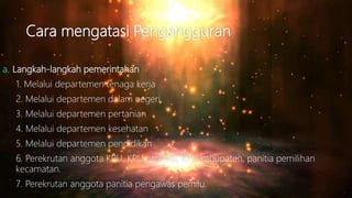 Cara mengatasi Pengangguran
a. Langkah-langkah pemerintahan
1. Melalui departemen tenaga kerja
2. Melalui departemen dalam negeri
3. Melalui departemen pertanian
4. Melalui departemen kesehatan
5. Melalui departemen pendidikan
6. Perekrutan anggota KPU, KPU provinsi, KPU kabupaten, panitia pemilihan
kecamatan.
7. Perekrutan anggota panitia pengawas pemilu.
 