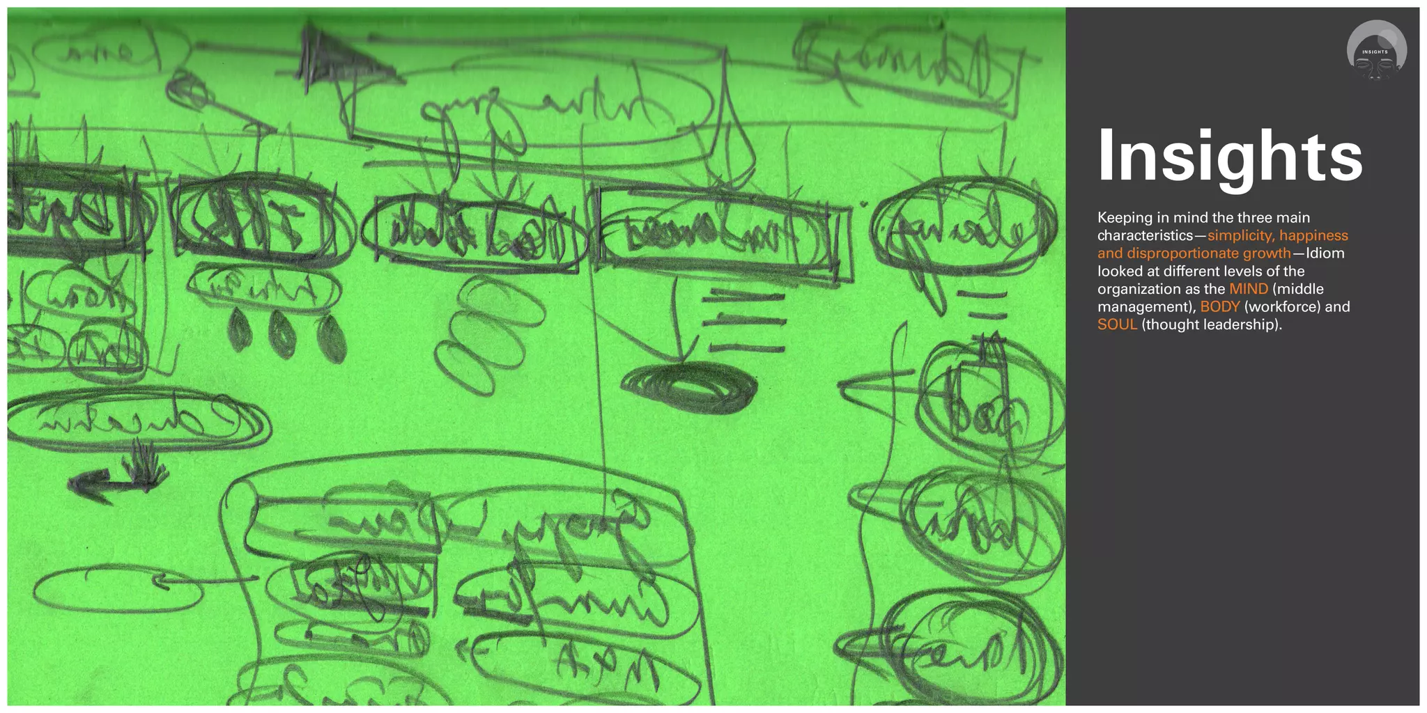 Insights
Keeping in mind the three main
characteristics—simplicity, happiness
and disproportionate growth—Idiom
looked at different levels of the
organization as the MIND (middle
management), BODY (workforce) and
SOUL (thought leadership).
 