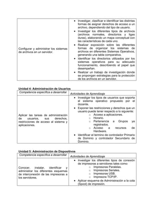 Configurar y administrar los sistemas
de archivos en un servidor.
• Investigar, clasificar e identificar las distintas
formas de asignar derechos de acceso a un
archivo, dependiendo del tipo de usuario.
• Investigar los diferentes tipos de archivos
(archivos normales, directorios y ligas
duras), elaborando un mapa conceptual con
las características de cada uno.
• Realizar exposición sobre las diferentes
formas de organizar los sistemas de
archivos en diferentes Sistemas Operativos,
generando una tabla comparativa.
• Identificar los directorios utilizados por los
sistemas operativos para su adecuado
funcionamiento, describiendo el papel que
desempeñan.
• Realizar un trabajo de investigación donde
se propongan estrategias para la protección
de los archivos en un servidor.
Unidad 4: Administración de Usuarios
Competencia específica a desarrollar
Actividades de Aprendizaje
Aplicar las tareas de administración
de usuarios, sus derechos,
restricciones de acceso al sistema y
aplicaciones.
• Investigar los tipos de usuarios que soporta
el sistema operativo propuesto por el
docente.
• Exponer las restricciones y derechos que un
usuario puede tener respecto a lo siguiente:
o Acceso a aplicaciones.
o Horario.
o Pertenencia a Grupos ya
registrados.
o Acceso a recursos de
Hardware.
• Identificar el termino de controlador Primario
de Dominio y controlador Secundario de
Dominio.
Unidad 5: Administración de Dispositivos
Competencia específica a desarrollar
Actividades de Aprendizaje
Conocer, instalar, identificar y
administrar los diferentes esquemas
de interconexión de las impresoras a
los servidores.
• Investigar los diferentes tipos de conexión
de impresoras a servidores tales como:
o Impresoras Paralelas.
o Impresoras Seriales.
o Impresoras USB.
o Impresora TCP/IP.
• Aplicar esquema de Administración a la cola
(Spool) de impresión.
 
