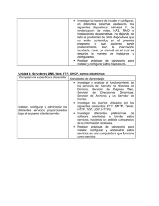• Investigar la manera de instalar y configurar,
en diferentes sistemas operativos, los
siguientes dispositivos: cámaras IP, de
renderización de video, NAS, RAID e
instalaciones desatendidas, no dejando de
lado la posibilidad de otros dispositivos que
no estén contenidos en el presente
programa y que pudieran surgir
posteriormente. Con la información
recabada, crear un manual en el cual se
describa la manera de instalarlos y
configurarlos.
• Realizar prácticas de laboratorio para
instalar y configurar estos dispositivos.
Unidad 6: Servidores DNS, Web, FTP, DHCP, correo electrónico
Competencia específica a desarrollar
Actividades de Aprendizaje
Instalar, configurar y administrar los
diferentes servicios proporcionados
bajo el esquema cliente/servidor.
• Investigar y analizar el funcionamiento de
los servicios de: Servidor de Nombres de
Dominio, Servidor de Páginas Web,
Servidor de Direcciones Dinámicas,
Servidor de Archivos y un Servidor de
Correo.
• Investigar los puertos utilizados por los
siguientes protocolos: FTP, SMTP, Telnet,
HTTP, TCP, UDP, HTTPS.
• Investigar diferentes plataformas de
software orientadas a brindar estos
servicios, haciendo un análisis comparativo
de la información recabada.
• Realizar prácticas de laboratorio para
instalar, configurar y administrar estos
servicios en una computadora que funcione
como servidor.
 