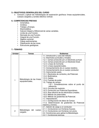 5.- OBJETIVO(S) GENERAL(ES) DEL CURSO
    • Conocer y aplicar las metodologías de exploración geofísica: líneas equipotenciales,
       cuerpos cargados y sondeo eléctrico vertical.

6.- COMPETENCIAS PREVIAS
      • Cinemática.
      • Cinética.
      • Trabajo y Energía.
      • Electrostática.
      • Calculo Integral y Diferencial de varias variables.
      • Limite de una Función.
      • Derivada de una Función.
      • Integral de una Función.
      • Álgebra vectorial.
      • Capas sedimentarias.
      • Clasificación de las rocas.
      • Estructuras geológicas.

7.- TEMARIO

 Unidad             Temas                                 Subtemas
                                    1.1. Introducción y usos del método.
                                    1.2. Electrodos puntuales y lineales.
                                    1.2.1. Campo producido por un Electrodo puntual.
                                    1.2.2. Campo producido por un Electrodo lineal.
                                    1.2.3. Líneas de Corriente.
                                    1.2.4. Líneas equipotenciales.
                                    1.3. Comportamiento de un cuerpo resistivo.
                                    1.4. Comportamiento de un cuerpo conductor.
                                    1.5. Instrumental usado.
                                    1.5.1. Electrodos de corriente y de Potencial.
                                    1.5.2. Multímetros.
                                    1.5.3. Cables.
          Metodología de las líneas
   1                                1.5.4. Fuentes de poder.
          equipotenciales.
                                    1.6. Trabajo de campo.
                                            1.6.1. Consideraciones sobre el punto de
                                            referencia.
                                    1.6.2. Circuitos de medición.
                                    1.6.3. Corrección por Potencial Espontáneo.
                                    1.6.4. Área efectiva de los electrodos Lineales.
                                    1.6.5. Método de potenciales.
                                    1.6.6. Método de gradientes de Potencial.
                                    1.7. Interpretación.
                                    1.7.1. Configuración de datos de Campo.
                                    1.7.2. Determinación de gradientes de Potencial
                                    máximo y mínimo.
                                    2.1. Adición de carga a un conductor.
                                    2.1.1. Conductores con fronteras Suaves.
          Metodología del cuerpo
   2                                2.1.2. Conductores con fronteras con picos.
          cargado
                                    2.2. Condiciones para aplicar la Metodología.
                                    2.2.1. Condiciones teóricas.

                                                                                        4
 