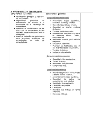 3.- COMPETENCIAS A DESARROLLAR
Competencias específicas:
Identificar los principios y protocolos
de enrutamiento.
Implementar protocolos de
enrutamiento de acuerdo a la
clasificación de la tecnología de
interconexión.
Identificar el funcionamiento de los
protocolos de enrutamiento de una
red WAN, para implementarlos en la
planeación.
Clasificar protocolos de enrutamiento
para solucionar problemas de
comunicación en redes de
computadoras.
Competencias genéricas:
Competencias instrumentales
• Pensamiento lógico, algorítmico,
heurístico, analítico y sintético
• Capacidad de análisis y síntesis.
• Capacidad de diseñar modelos
abstractos.
• Procesar e interpretar datos.
• Representar e interpretar conceptos
en diferentes formas: Gráfica,
escrita y verbal.
• Habilidades básicas para elaborar
diagramas.
• Solución de problemas.
• Potenciar las habilidades para el
uso de protocolos de enrutamiento.
• Toma de decisiones.
• Lectura en idioma inglés.
Competencias interpersonales
• Capacidad crítica y autocrítica.
• Trabajo en equipo.
• Habilidades interpersonales.
• Compromiso ético.
Competencias sistémicas
• Habilidad de planificar como un todo
y diseñar nuevos sistemas.
• Aplicar conocimientos a la práctica.
• Capacidad de aplicar los
conocimientos en la práctica.
• Habilidades de investigación.
• Capacidad de aprender.
• Creatividad.
• Habilidad para trabajar en forma
autónoma.
• Búsqueda del logro.
 