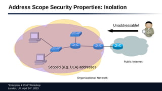 “Enterprise & IPv6” Workshop
London, UK. April 24th
, 2023
Public Internet
Organizational Network
Address Scope Security Properties: Isolation
Unaddressable!
Scoped (e.g. ULA) addresses
 
