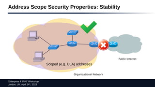 “Enterprise & IPv6” Workshop
London, UK. April 24th
, 2023
Public Internet
Organizational Network
Address Scope Security Properties: Stability
Scoped (e.g. ULA) addresses
 