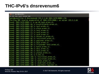 © 2017 SI6 Networks. All rights reserved
PHDays WII
Moscow, Russia. May 23-24, 2017
THC-IPv6's dnsrevenum6
 