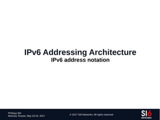38
PHDays WII
Moscow, Russia. May 23-24, 2017
© 2017 SI6 Networks. All rights reserved
IPv6 Addressing Architecture
IPv6 address notation
 