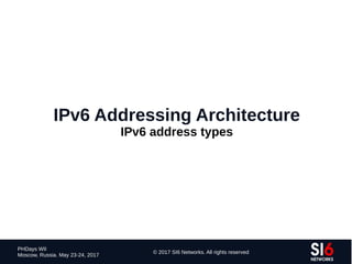 42
PHDays WII
Moscow, Russia. May 23-24, 2017
© 2017 SI6 Networks. All rights reserved
IPv6 Addressing Architecture
IPv6 address types
 