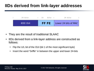 © 2017 SI6 Networks. All rights reserved
PHDays WII
Moscow, Russia. May 23-24, 2017
IIDs derived from link-layer addresses
● They are the result of traditional SLAAC
● IIDs derived from a link-layer address are constructed as
follows:
● Flip the U/L bit of the OUI (bit 1 of the most significant byte)
● Insert the word “0xfffe” in between the upper and lower 24-bits
IEEE OUI FF FE Lower 24 bits of MAC
| 24 bits | 16 bits | 24 bits |
 