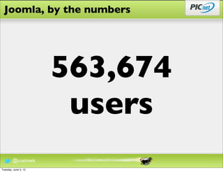 Joomla, by the numbers




                      563,674
                       users
        @cozimek
Tuesday, June 5, 12
 