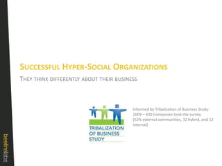 They think differently about their businessSuccessful Hyper-Social OrganizationsInformed by Tribalization of Business Study:2009 – 430 Companies took the survey (52% external communities, 32 hybrid, and 12 internal)