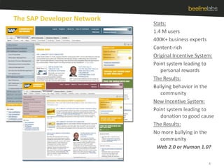 The SAP Developer Network4Stats:1.4 M users400K+ business expertsContent-richOriginal Incentive System:Point system leading to personal rewardsThe Results:Bullying behavior in the communityNew Incentive System:Point system leading to donation to good causeThe Results:No more bullying in the communityWeb 2.0 or Human 1.0?