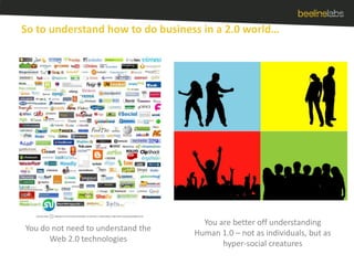 So to understand how to do business in a 2.0 world…You are better off understanding Human 1.0 – not as individuals, but as hyper-social creaturesYou do not need to understand the Web 2.0 technologies