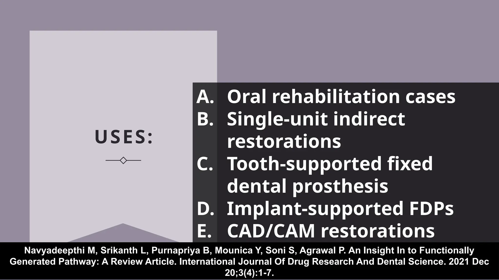 USES:
A. Oral rehabilitation cases
B. Single-unit indirect
restorations
C. Tooth-supported fixed
dental prosthesis
D. Implant-supported FDPs
E. CAD/CAM restorations
10
Navyadeepthi M, Srikanth L, Purnapriya B, Mounica Y, Soni S, Agrawal P. An Insight In to Functionally
Generated Pathway: A Review Article. International Journal Of Drug Research And Dental Science. 2021 Dec
20;3(4):1-7.
 