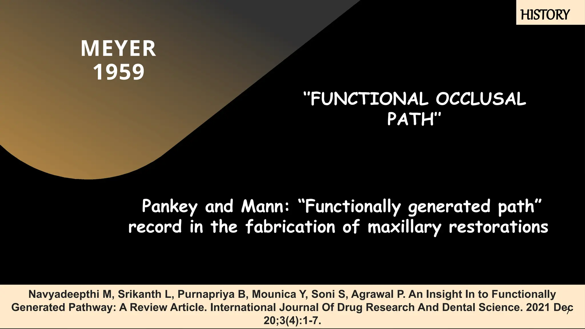 HISTORY
MEYER
1959
‘’FUNCTIONAL OCCLUSAL
PATH’’
Pankey and Mann: “Functionally generated path”
record in the fabrication of maxillary restorations
Navyadeepthi M, Srikanth L, Purnapriya B, Mounica Y, Soni S, Agrawal P. An Insight In to Functionally
Generated Pathway: A Review Article. International Journal Of Drug Research And Dental Science. 2021 Dec
20;3(4):1-7.
HISTORY
7
 