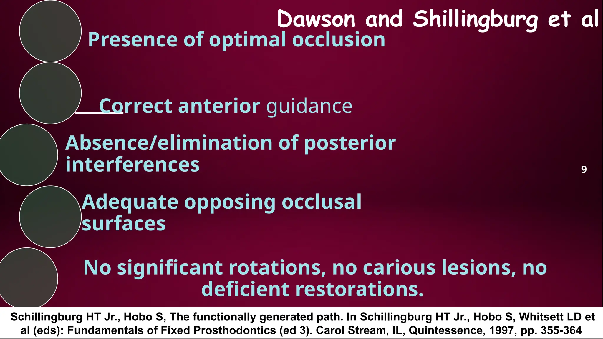 Dawson and Shillingburg et al
Presence of optimal occlusion
Correct anterior guidance
Absence/elimination of posterior
interferences
Adequate opposing occlusal
surfaces
No significant rotations, no carious lesions, no
deficient restorations.
9
Schillingburg HT Jr., Hobo S, The functionally generated path. In Schillingburg HT Jr., Hobo S, Whitsett LD et
al (eds): Fundamentals of Fixed Prosthodontics (ed 3). Carol Stream, IL, Quintessence, 1997, pp. 355-364
 