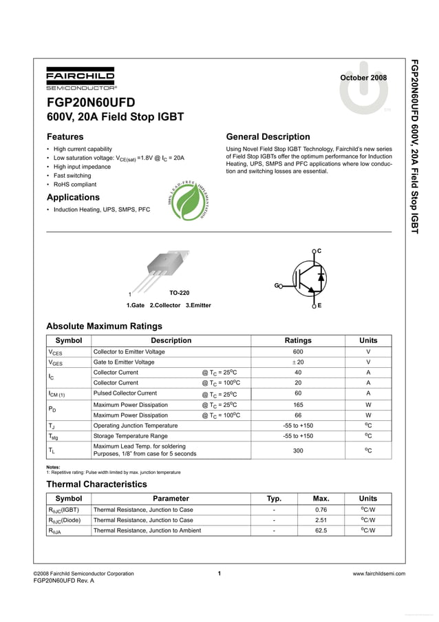 Original IGBT FGP20N60 20N60 FGP20N60UFD 20A 600V TO-220 New | PDF
