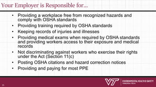 Your Employer is Responsible for…
• Providing a workplace free from recognized hazards and
comply with OSHA standards
• Providing training required by OSHA standards
• Keeping records of injuries and illnesses
• Providing medical exams when required by OSHA standards
and providing workers access to their exposure and medical
records
• Not discriminating against workers who exercise their rights
under the Act (Section 11(c)
• Posting OSHA citations and hazard correction notices
• Providing and paying for most PPE
15
 