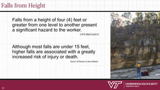 Falls from Height
Falls from a height of four (4) feet or
greater from one level to another present
a significant hazard to the worker.
Although most falls are under 15 feet,
higher falls are associated with a greatly
increased risk of injury or death.
Source: US Bureau of Labor Statistics
§1910.28(b)(1)(i)(A-C)
25
 