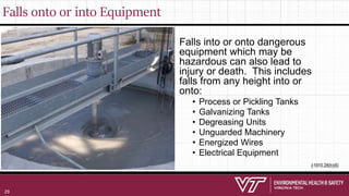 Falls onto or into Equipment
Falls into or onto dangerous
equipment which may be
hazardous can also lead to
injury or death. This includes
falls from any height into or
onto:
• Process or Pickling Tanks
• Galvanizing Tanks
• Degreasing Units
• Unguarded Machinery
• Energized Wires
• Electrical Equipment
§1910.28(b)(6)
29
 