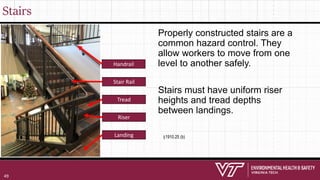 Stairs
Riser
Tread
Handrail
Properly constructed stairs are a
common hazard control. They
allow workers to move from one
level to another safely.
Stairs must have uniform riser
heights and tread depths
between landings.
Stair Rail
Landing §1910.25 (b)
49
 